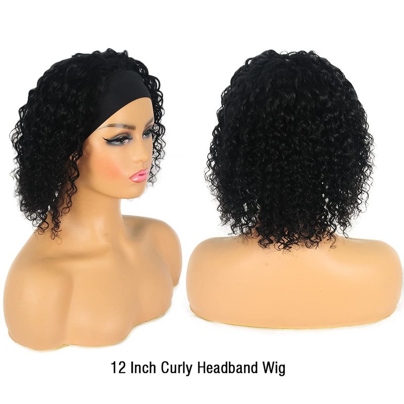 Short Curly Headband Wigs Human Hair Wig for Black Women, Glueless Kinky Curly Weave Wigs 100% Unprocessed Hair None Lace Front Wigs Color 1B 150% Density (10", 1B, Curly)