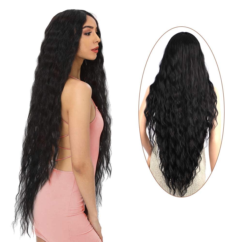 Atohallan Long Black Wig for Women 36 inch Super Long Water Wavy Wigs Heat Resistant Synthetic Soft Wavy Fluffy Curly Wig for Daily Party Use Halloween Wig