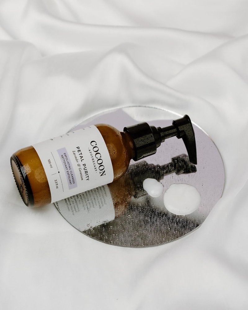 COCOON APOTHECARY 3.3 fl oz Petal Purity Exfoliating Cleanser, Ecocert Cosmos Natural | Gentle Exfoliating Face Cleanser For Dry/Normal Skin, Purify, Coconut Oil, Almond Oil, Lavender, Geranium