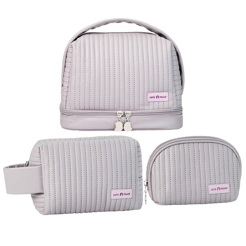 kamumanni Makeup Bag Set of 3, Toiletry Bag for Women, Small Makeup Bag for Purse, Cute Quilted Cosmetic Bag for Travel, Gift for Women, Light Purple