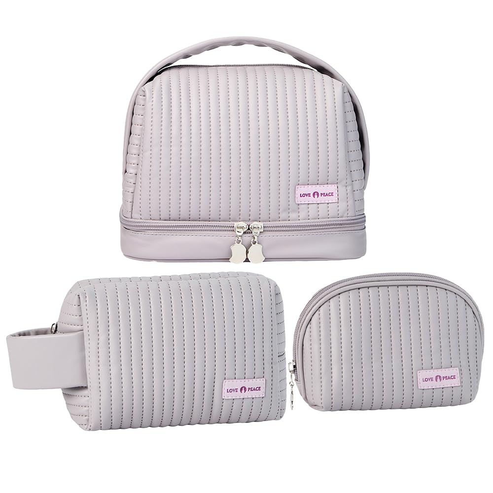 kamumanni Makeup Bag Set of 3, Toiletry Bag for Women, Small Makeup Bag for Purse, Cute Quilted Cosmetic Bag for Travel, Gift for Women, Light Purple