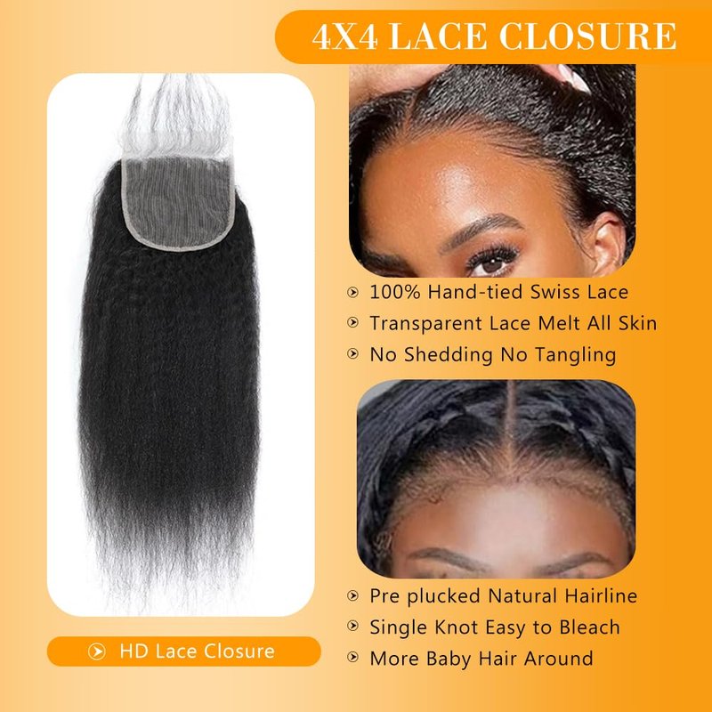 QTHAIR 18A Kinky Straight 4x4 HD Lace Closure 16" Curly Human Hair Lace Closure150% Density Top Swiss Lace Natural Kinky Straight Human Hair Closure Pre Plucked Natural Hairline with Baby Hair