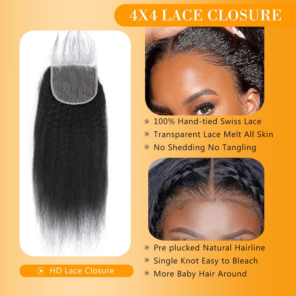 QTHAIR 18A Kinky Straight 4x4 HD Lace Closure 16" Curly Human Hair Lace Closure150% Density Top Swiss Lace Natural Kinky Straight Human Hair Closure Pre Plucked Natural Hairline with Baby Hair