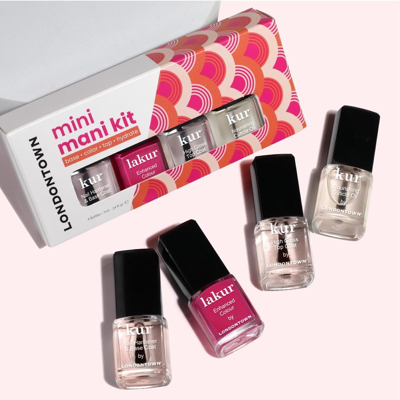LONDONTOWN Mini Mani Kit - At Home Manicure Nail Care Set with Nail Hardener & Base Coat, Summer Fling lakur (Bright Pink Polish), High Gloss Top Coat, and Nourishing Cuticle Oil - .24fl oz