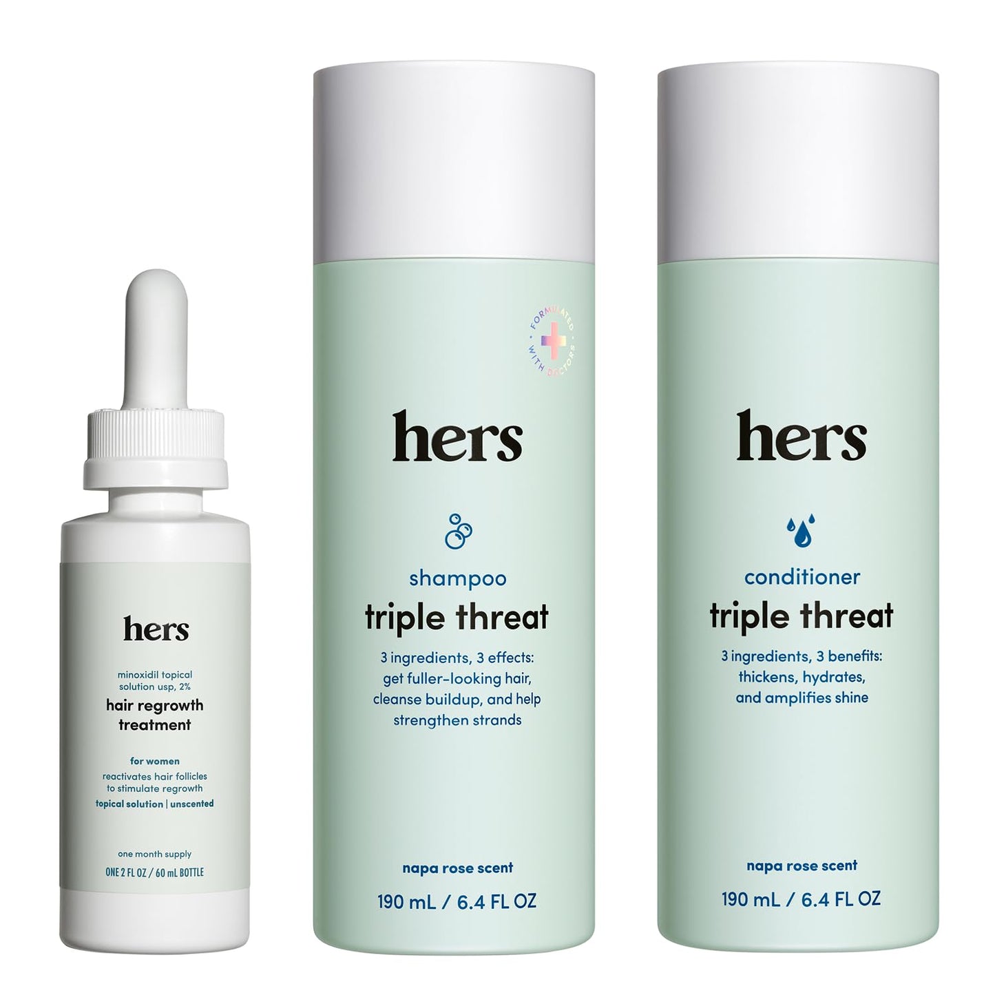 HIMS and HERS Triple Threat Shampoo - Conditioner and 2% Minoxidil Set - Biotin - Saw Palmetto and Pumpkin Seed Oil - Regrowth for Women - Color-Safe - Paraben-Free - Napa Rose - 3 Count - 6.4 Fl Oz
