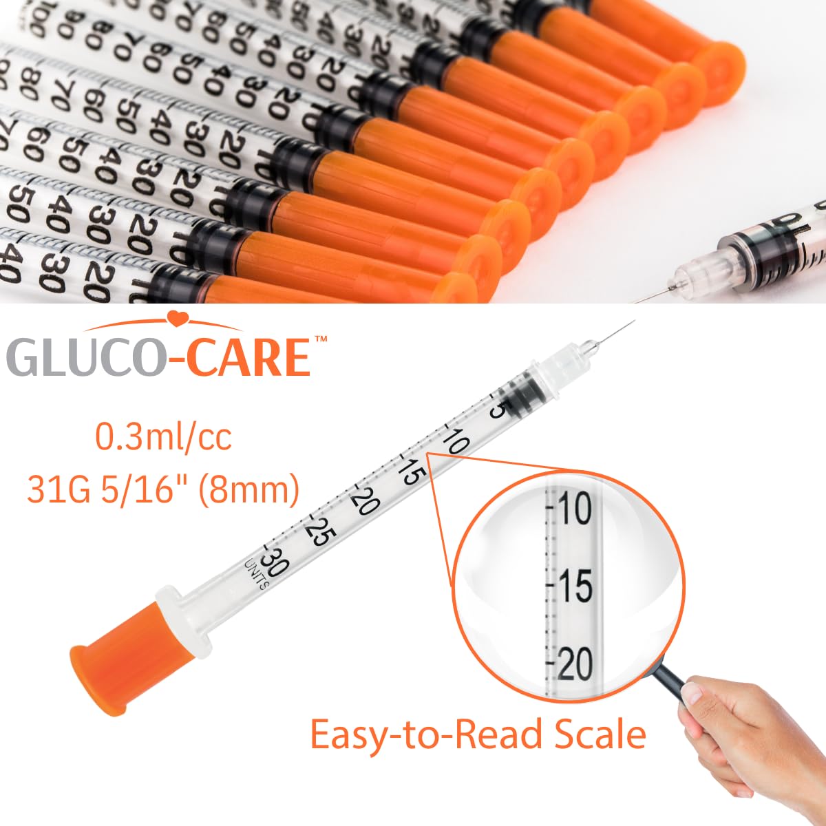 GLUCO-CARE 0.3 ml/cc Syringes 31G x 5/16’’ (8mm), Orange Cap, Box of 100 pcs
