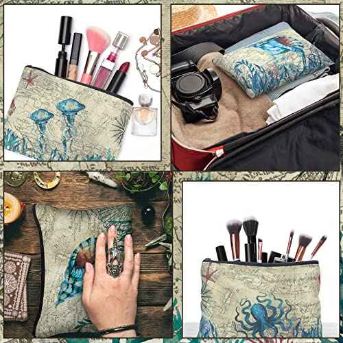 Sanwuta 12 Pcs Sea Tropical Cosmetic Bags Retro Animal Seahorse Travel Bags Beach Makeup Bags Zipper Small Pouch Vintage Turtle Whale Seashell Bag Under The Sea Purse Toiletry for Women Party Gift