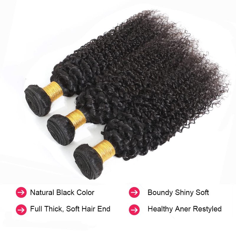 Kinky Curly Human Hair Bundles - 12A Virgin Brazilian Curly Weave | Natural Black (12, 14, 16 Inches)