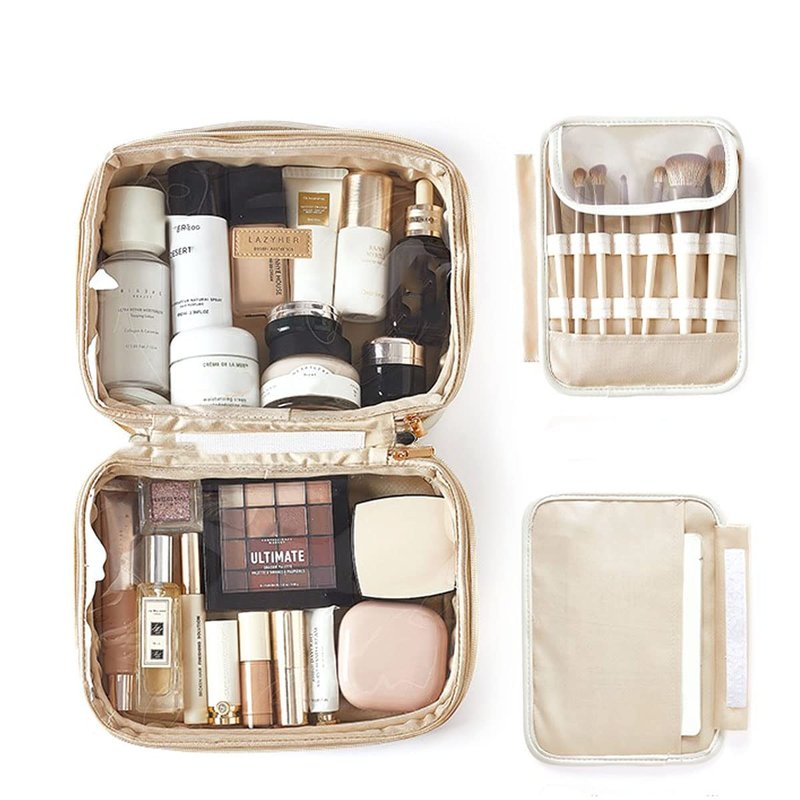 OLBUPS Portable Large Capacity Cosmetic Bag, Skincare Products, Makeup Brush Storage Bag, Double Layer Makeup Bag (White)