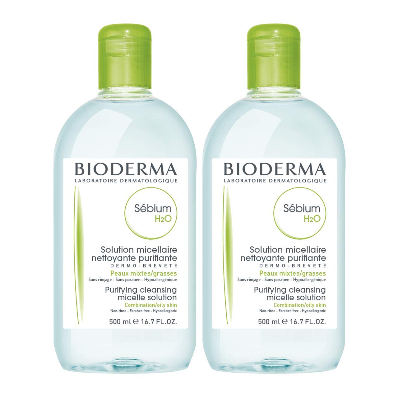 Bioderma Sébium H2O Micellar Water, Duo Pack Cleansing and Makeup Removing Gentle Face Cleanser for Combination to Oily Skin, 33.4 Fl Oz
