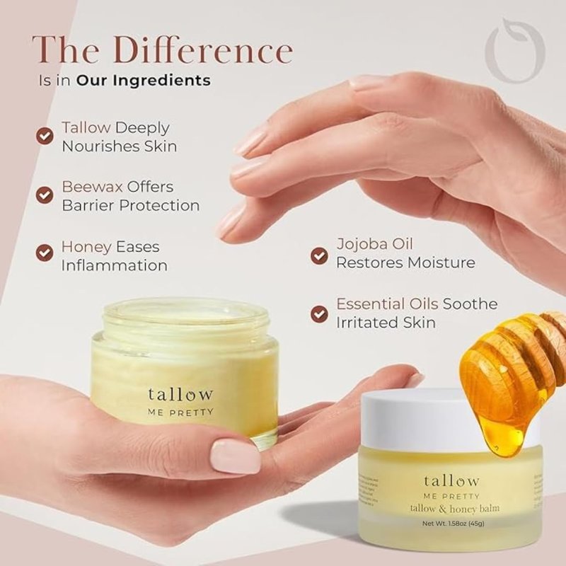 Tallow Me Pretty Tallow and Honey Balm, Rich and Comforting Grass Fed Beef Tallow Balm, Seals in Moisture, Promotes Skin Repair & Calms Irritated Skin, 1.58 oz