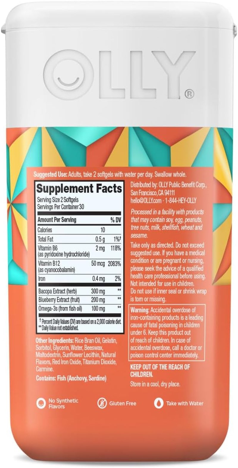 OLLY Ultra Strength Brain Softgels - Nootropic Support for Memory, Focus & Concentration | Omega-3s, Vitamins B6 & B12, 60 Count