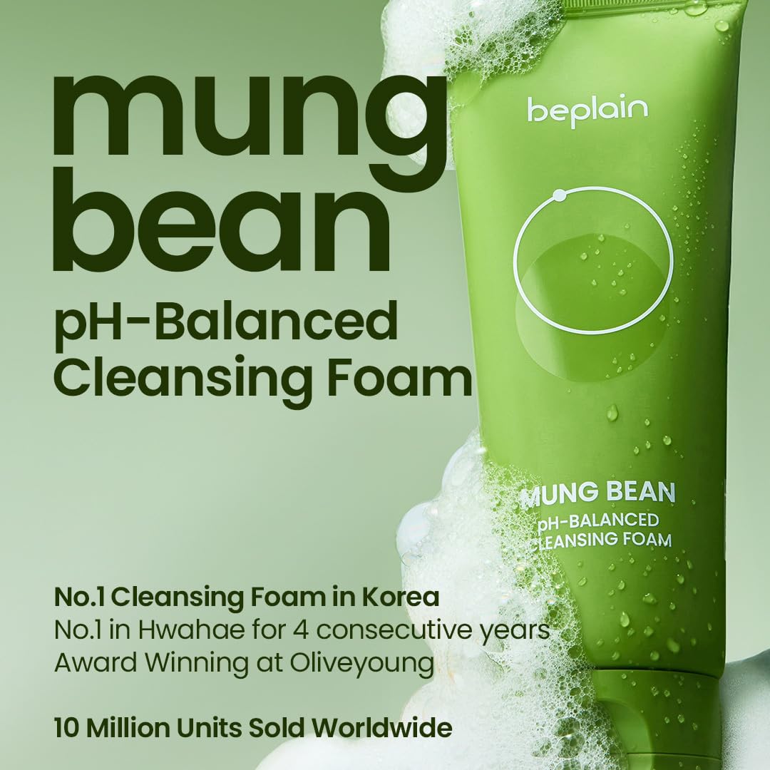 beplain Mung Bean pH-Balanced Cleansing Foam | Daily Hydrating Vegan Cleanser for Sensitive Skin | Non-Stripping Deep Pore Cleanser | Korean Skincare | 5.4 fl.oz
