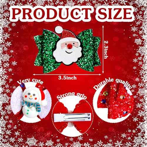Riceshoot 18 Pcs Christmas Bow Clips Glitter Sequined Gold Silver Hair Pins Santa Snowflake Holiday Hair Accessories Xmas Tree Reindeer Bow Barrettes for Women Birthday Gifts