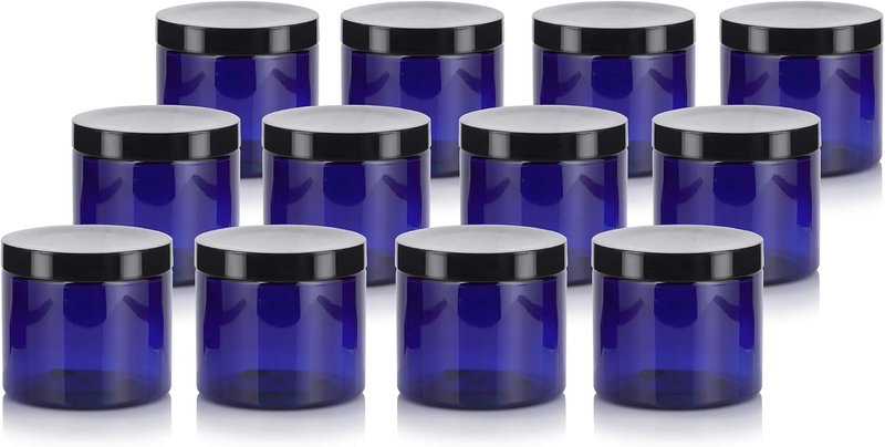 JUVITUS Refillable 16 oz Cobalt Blue PET Plastic Jar - BPA Free with Black Lid | 12 Pack