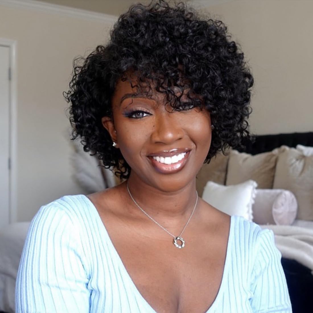 ZHENLISI Glueless Curly Bob Wigs Short Afro Kinky Curly Human Hair Wigs for Black Women Wear and Go Machine Made Side Part Afro Wig Wet and Wavy Human Hair Wig Natural Black