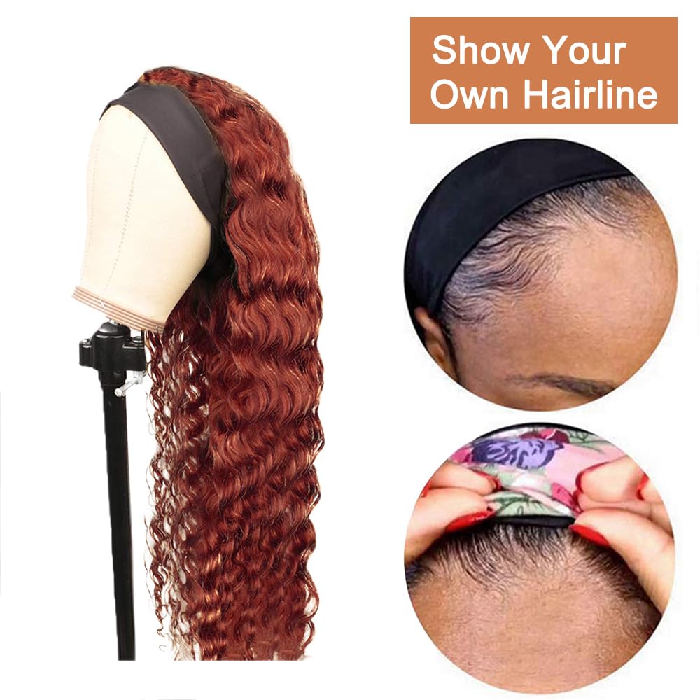 YiweYowe 32 Inch #33 Reddish Brown Headband Wig Human Hair 150% Density Grade 8A Unprocessed Brazilian Virgin Hairs Machine Made Auburn Brown Water Wave Headband Wig Human Hair None Lace Front Wig