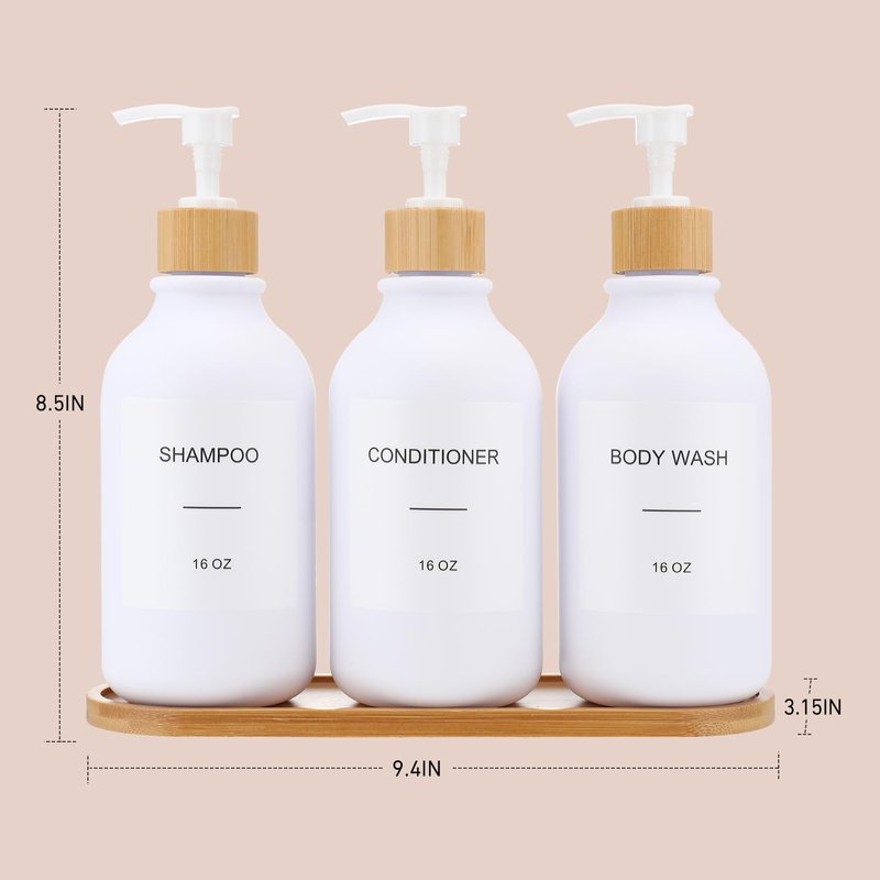Shampoo and Conditioner Dispenser, Shower Soap Dispenser with Bamboo Pumps/Tray, Refillable Shampoo and Conditioner Bottles, Shower Shampoo Dispenser 3 Chamber, 16oz(White)