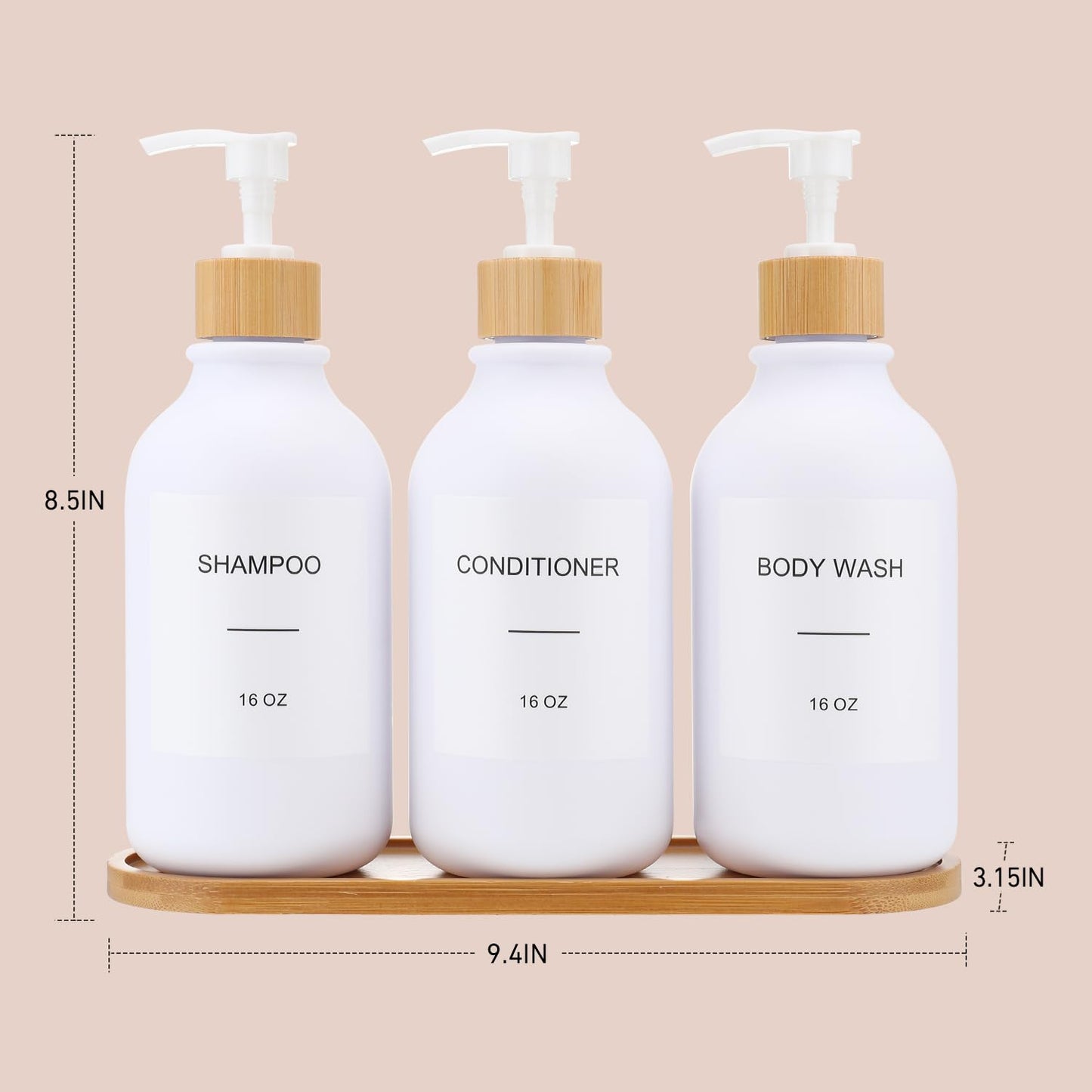 Shampoo and Conditioner Dispenser, Shower Soap Dispenser with Bamboo Pumps/Tray, Refillable Shampoo and Conditioner Bottles, Shower Shampoo Dispenser 3 Chamber, 16oz(White)
