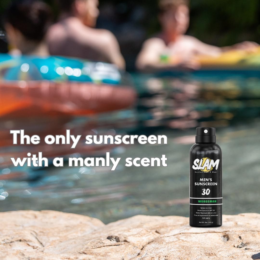 SLAM WoodsMan - Male Scented Sunscreen, SPF Sunscreen Spray, Water Resistant Sunscreen, Octinoxate & Oxybenzone Free, Broad Spectrum UVA/UVB Sunscreen, 5 Fl Oz (Pack of 1)