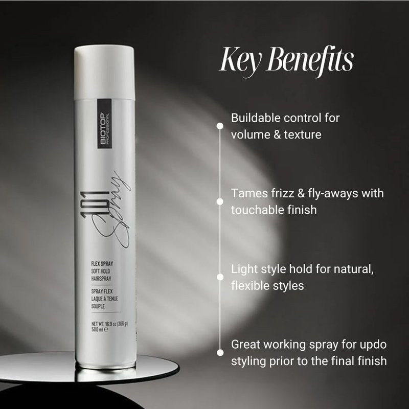 Biotop Professional 101 Flexible Hold Hairspray for Women - Enhances Shine and Tames Frizz & Fly-Aways - Buildable Volume & Texture - Flexible, Touchable Finish Without Stiffness (2.5 oz)