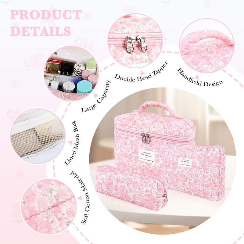 Hatende 3Pcs Cotton Quilted Makeup Bag Set,Large Floral Cosmetic Bag，Aesthetic Toiletry Travel Makeup Bag Set and Cute Flower Bag for Women Girls (Pink Flower)