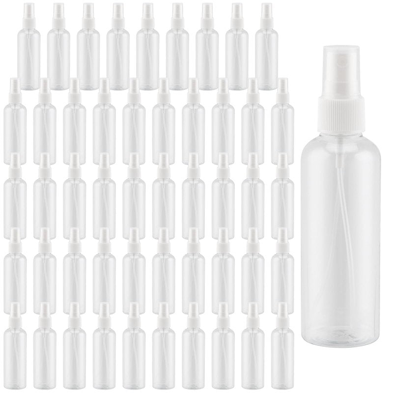 ZEONHAK 50 Pcs 3.5oz / 100ml Clear Plastic Spray Bottles, Empty Spray Bottles with Caps, Fine Mist Travel Bottle, Refillable Liquid Containers, Mini Spray for Hair Spray, Perfumes and Other Liquids