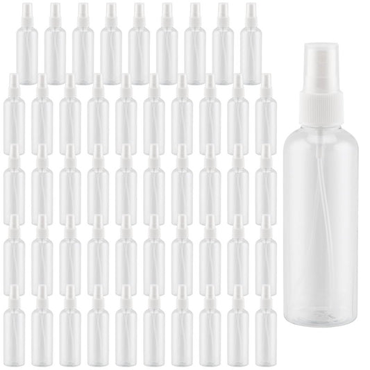 ZEONHAK 50 Pcs 3.5oz / 100ml Clear Plastic Spray Bottles, Empty Spray Bottles with Caps, Fine Mist Travel Bottle, Refillable Liquid Containers, Mini Spray for Hair Spray, Perfumes and Other Liquids