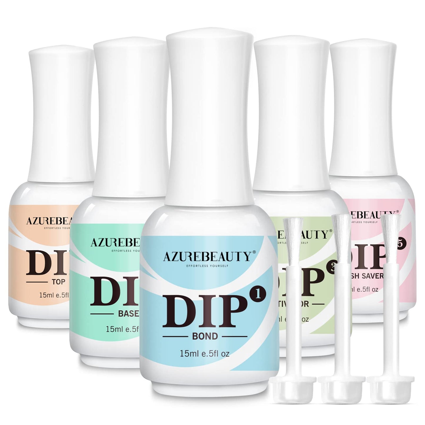 AzureBeauty 5 Pcs Dip Powder Liquid Set - 15ml/0.5oz Large Capacity Dip Base Coat, Top Coat, Bond, Activator, Brush Saver for Dip Nail Kit Salon Home No Nail Lamp Needed