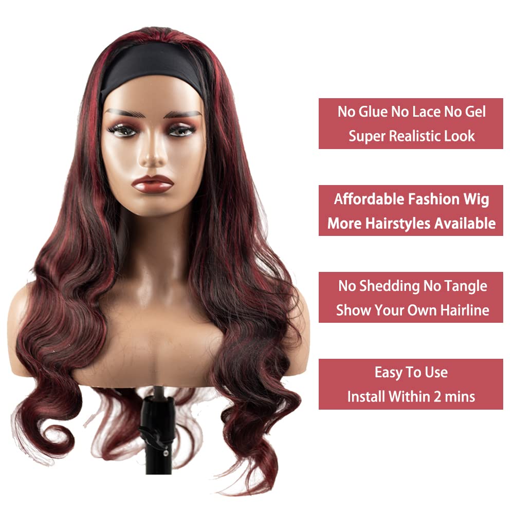 YiweYowe 22 Inch P1B99J Highlight Headband Wig Human Hair 150% Density Grade 8A Unprocessed Brazilian Virgin Hairs Machine Made Burgundy Body Wave Headband Wig Human Hair For Woman