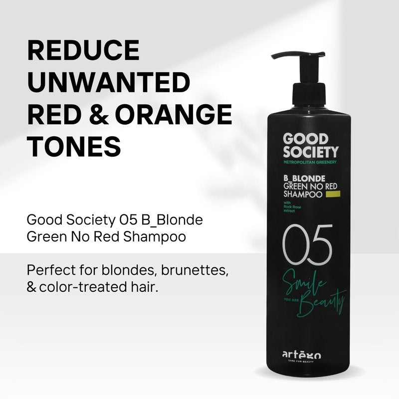 Artègo Good Society B_Blonde Green No Red Shampoo – Tone Neutralizing Shampoo for Blonde, Brunette, Bleached & White Hair (33.8 oz)