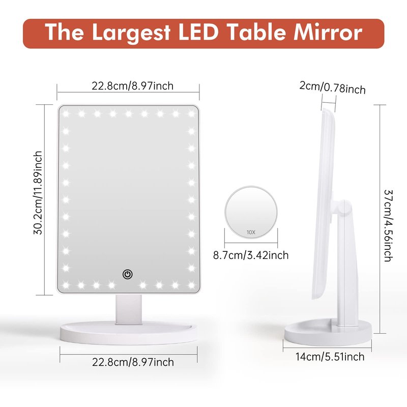 FUNTOUCH Large Lighted Makeup Mirror with Lights, Light Up Mirror with Small 10x Magnification for Desk, 360°Rotation Touch Screen,Brightness Adjustable Tabletop Cosmetic Vanity Make Up Mirror