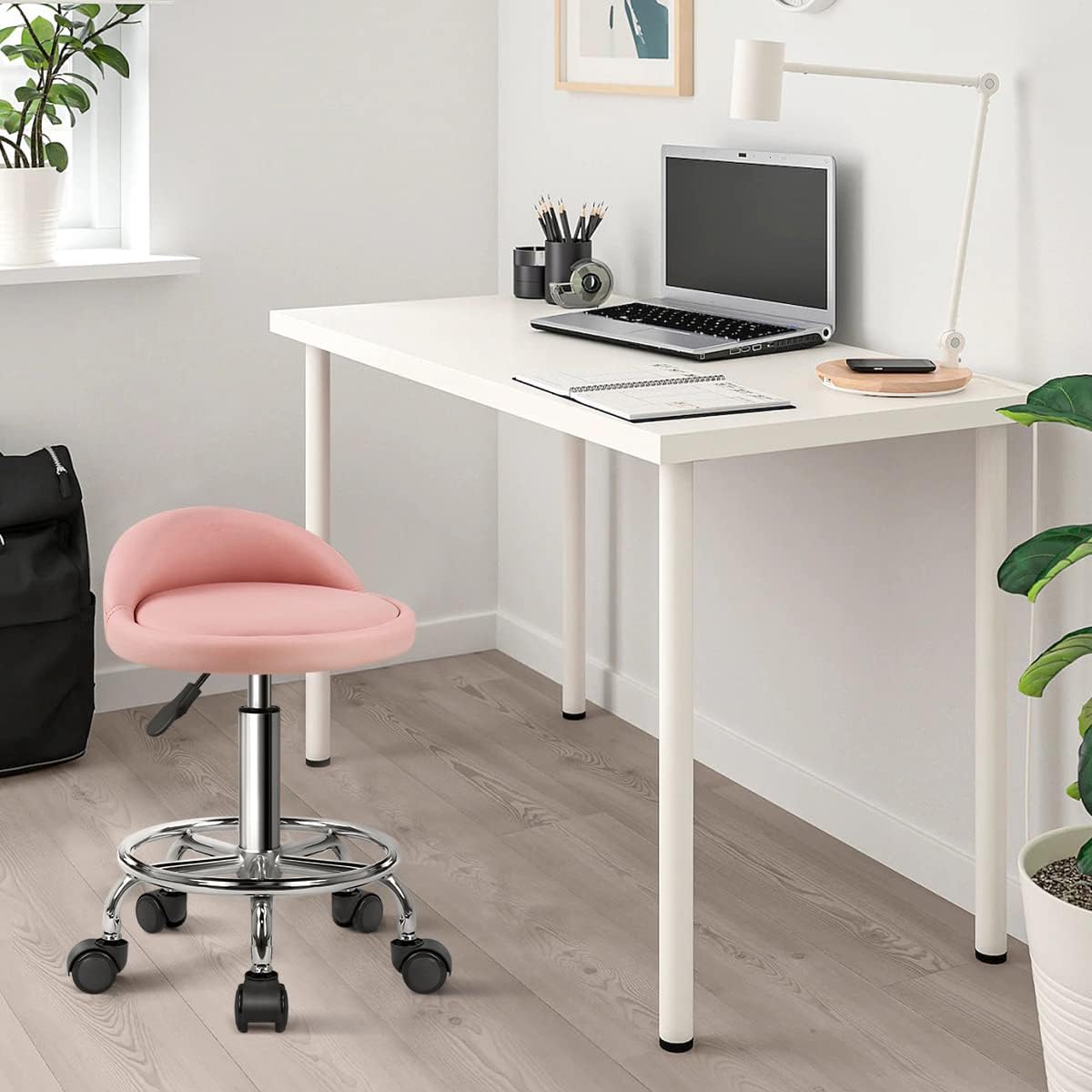 PU Leather Round Rolling Stool - Height Adjustable Swivel Drafting Chair with Foot Rest | Pink