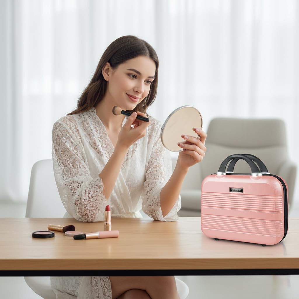 14 Inch Hard Shell Makeup Case, Mini Suitcase Vanity Case, Multi-Purpose Waterproof Hard Shell Cosmetic Case, Travel Cases for Toiletries Portable Makeup Organizer Hand Luggage for Women (Pink)