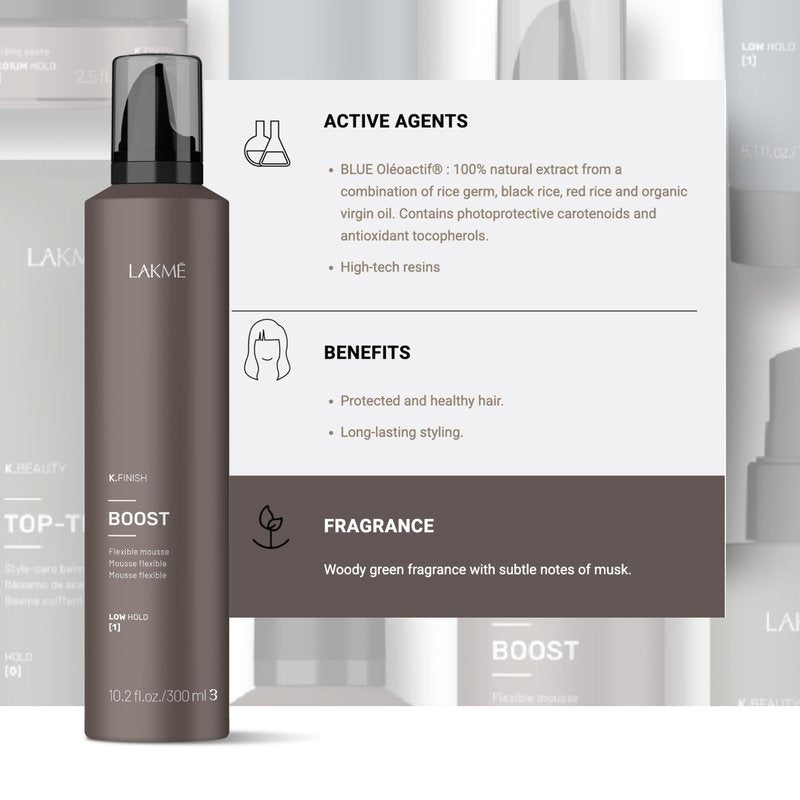 LAKMÉ K.Finish Boost Flexible Hold Hair Mousse, Volumizing Mousse, Medium Hold, Frizz Control, 10.2 Fl Oz