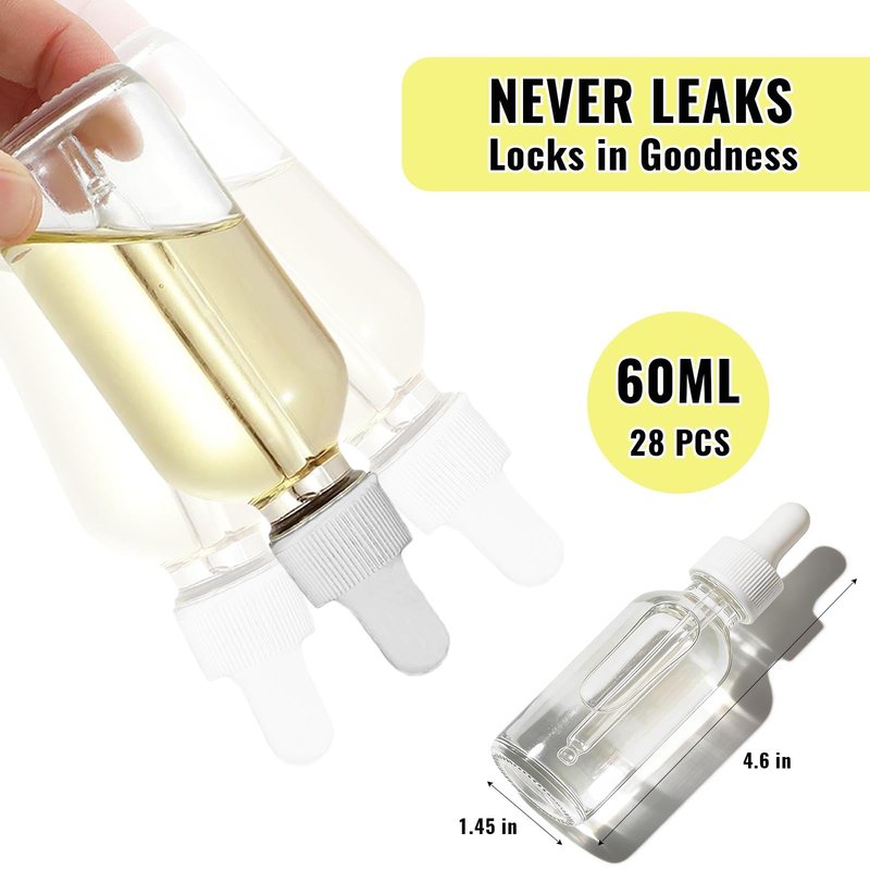 28 Pcs Clear 2oz Dropper Bottles Glass,60ml Empty Bottles,Leakproof for Tinctures, Essential Oils for Storage and Travel,Bottles for Droppers for Oils, Medicine Dropper, Eye Dropper