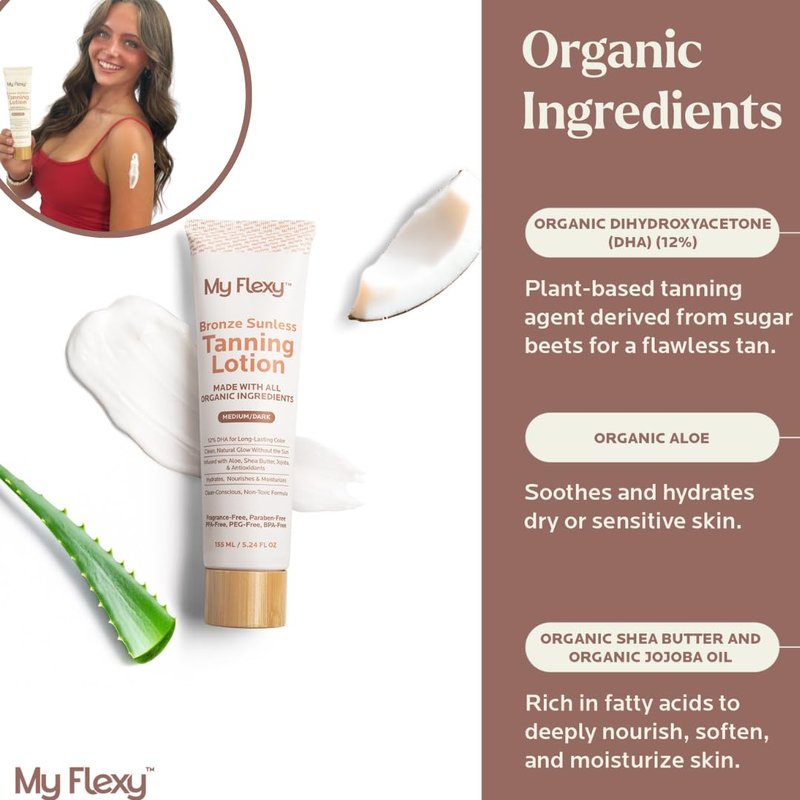 Sunless Tanning Lotion Made With Organic Ingredients, Moisturizing Self Tanner, Non Sticky Gradual Tanning, Streak-Free, Bronze Hydrating Lotion for Body with Aloe & Shea Butter, Natural Glow Fake Tan