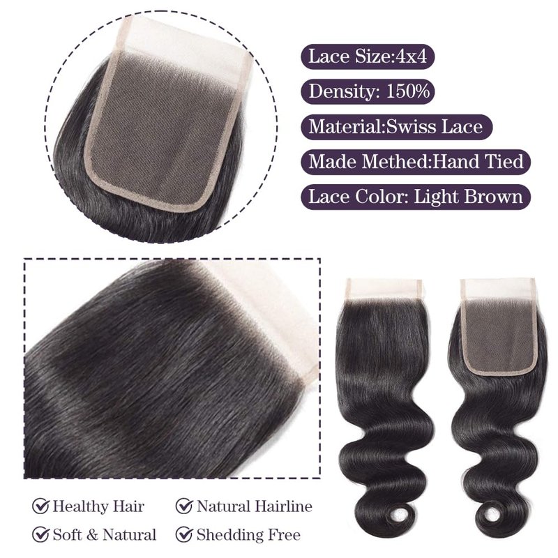 4x4 Lace Closure Human Hair Body Wave HD Lace Closure 20 Inch 100% Brazilian Virgin Human Hair Extensions 150% Density Pre Plucked Natural Black Color