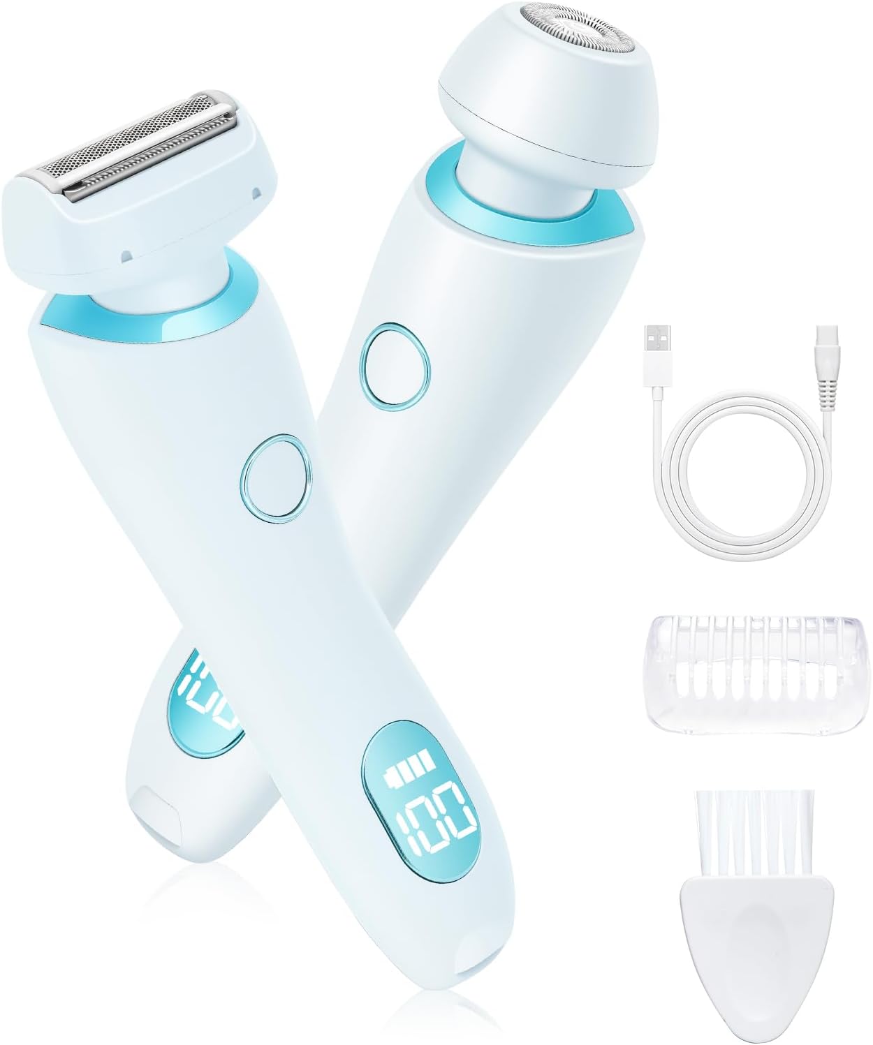 Bikini Trimmer for Women - Dual Head IPX7 Waterproof Electric Razor | Painless Cordless Shaver for Pubic Hair, Face & Legs (Blue)