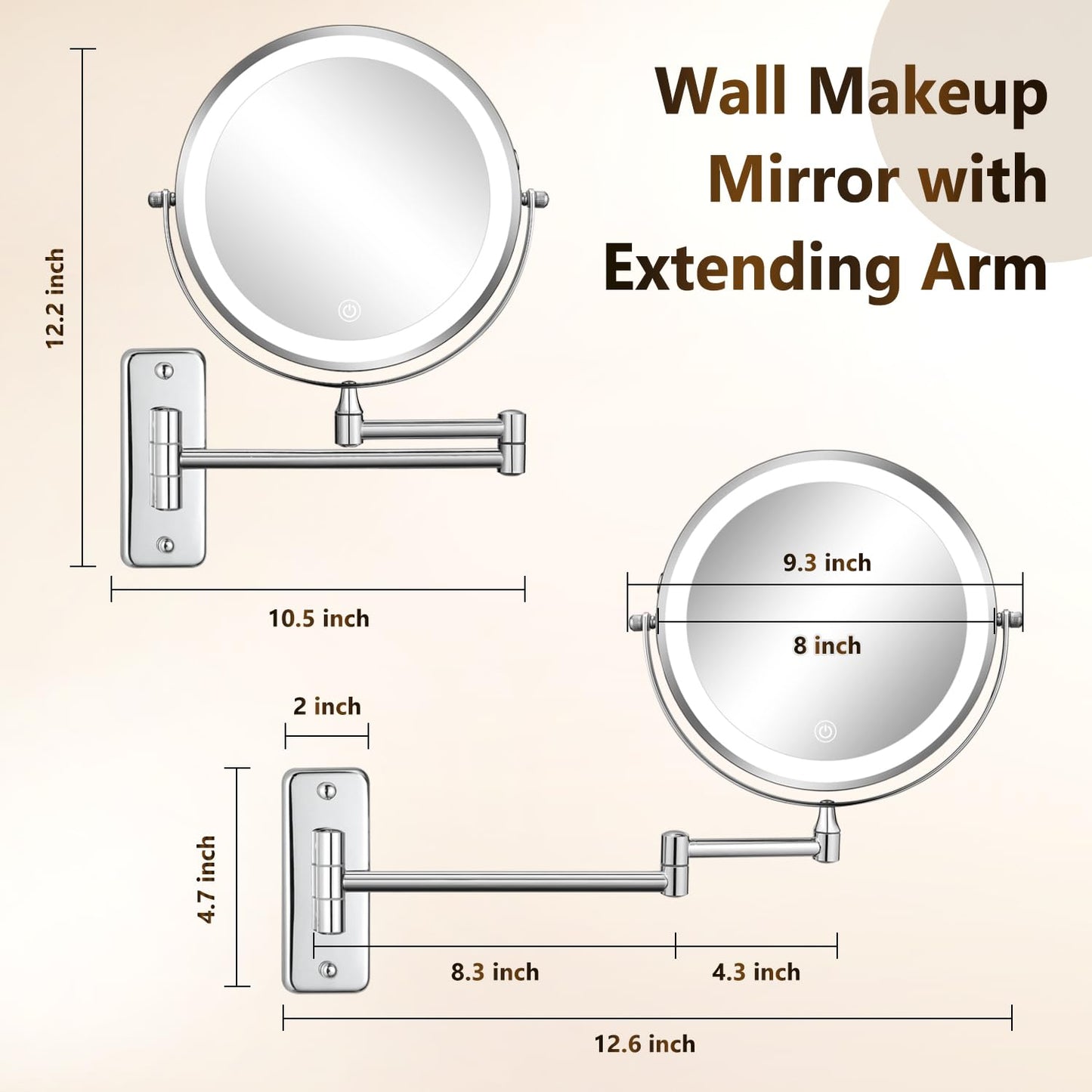 DECLUTTR Wall Mounted Lighted Makeup Mirror, Rechargeable 1X/15X Magnifying Mirror 8 Inch Double Sided, 3 Colors Vanity Mirror with Lights, Touch Dimmable 360° Rotation Foldable