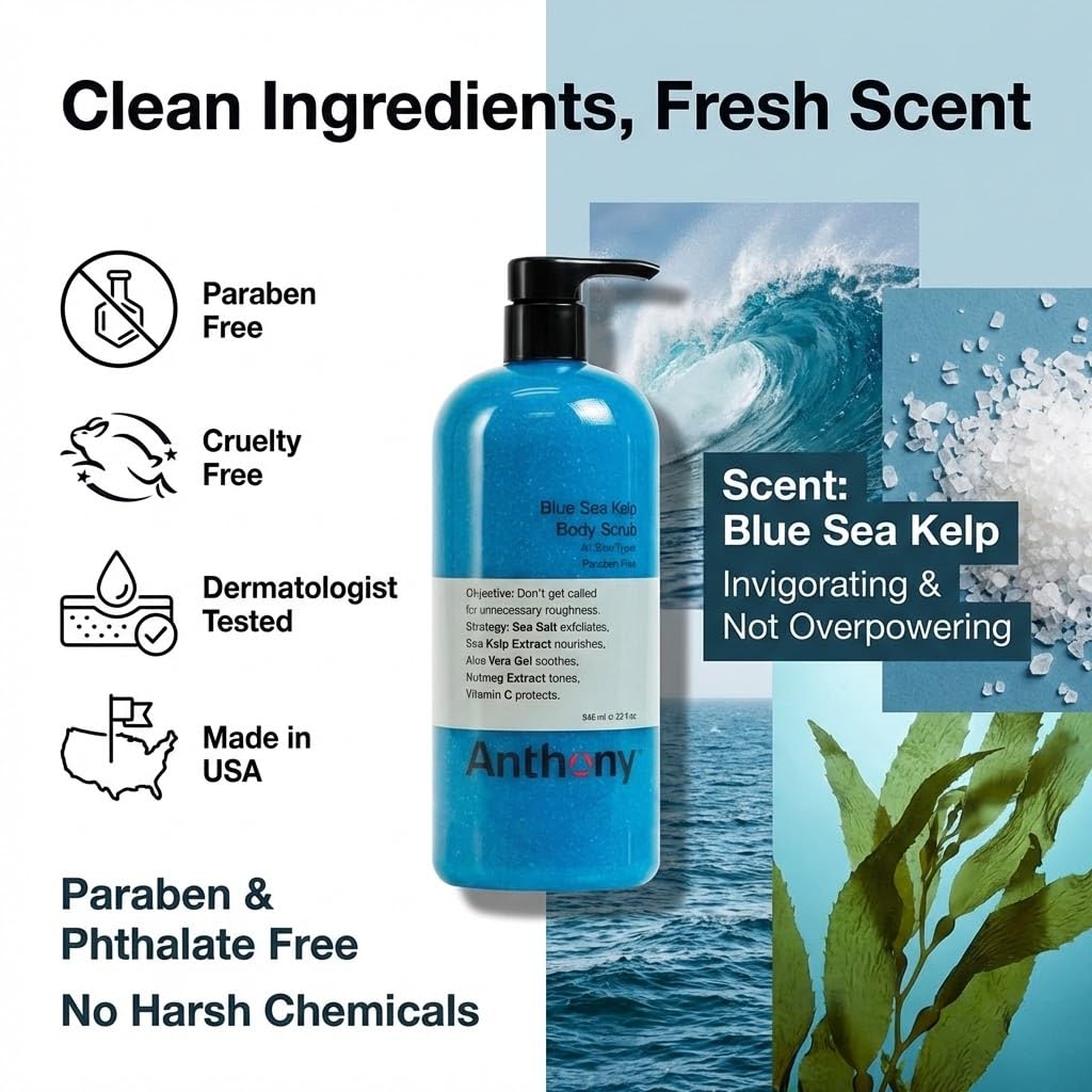 Anthony Exfoliating Body Scrub, Sea Salt, Vitamin C & Aloe Vera, Deep Cleans, Smooths Rough Patches, Soothes & Protects Skin, Hydrating Blue Sea Kelp Body Wash, 32 Fl Oz