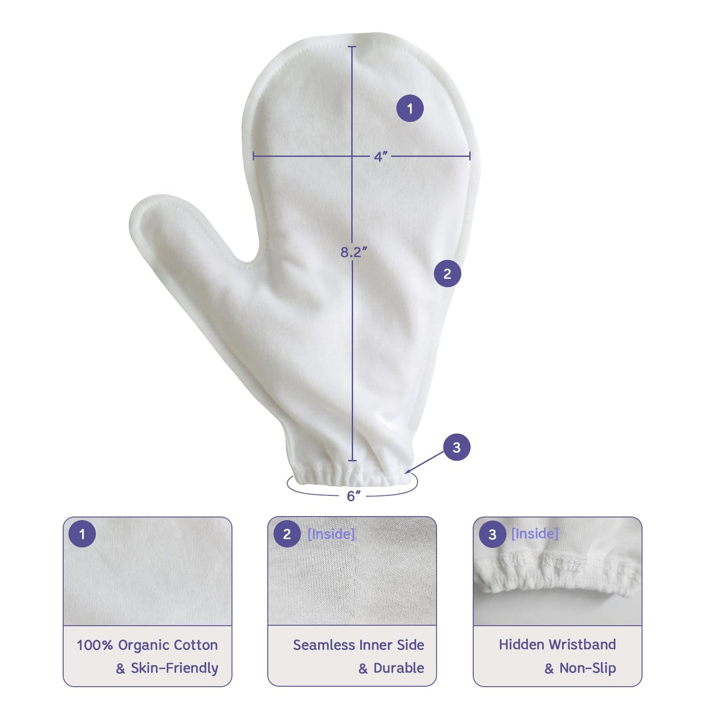 Manu&Pod Small 3 Pairs Overnight Cotton Mitten Gloves for Dry Hands, Eczema & Psoriasis l Moisturizing Gloves for Women l Wristband, White