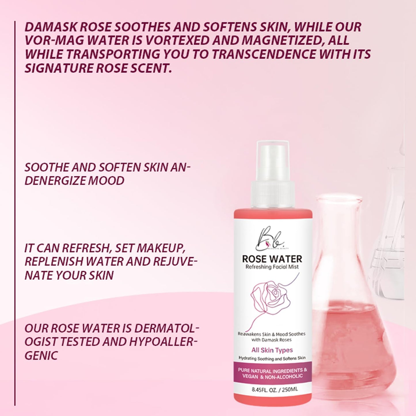 Blusheva Beauty Rosewater Refreshing Facial Mist Hydrating, Soothing & Softening Spray with Damask Roses & Glycerin Pure Natural Ingredients, Vegan, Alcohol-Free, All Skin Types, 8.45 fl oz