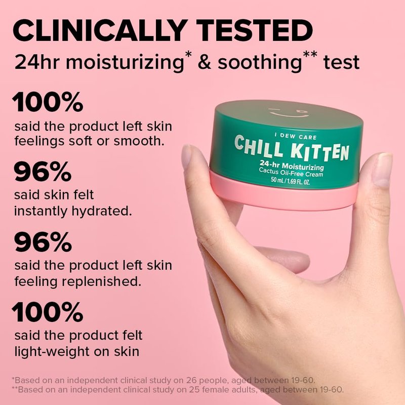 I DEW CARE Heartleaf Face Cream - Chill Kitten | Moisturizer with Moringa Seed, Prickly Pear, Aloe Vera Gel, Cactus Oil-Free, Glass Skin Look, Daily Use, for Dry Skin, 1.69 FL Oz