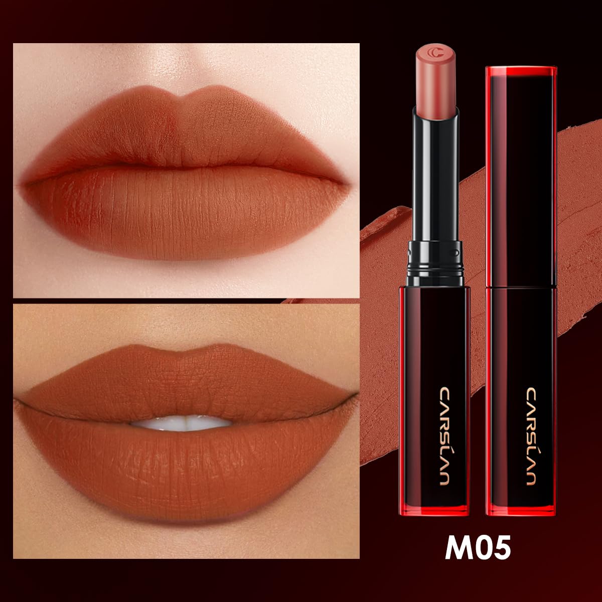 CARSLAN Light Cream Longwear Lipstick, 12H Longlasting Matte Lipstick, High Impact Lip color with Moisturizing Formula with Vitamin E, M01, 0.06 Oz