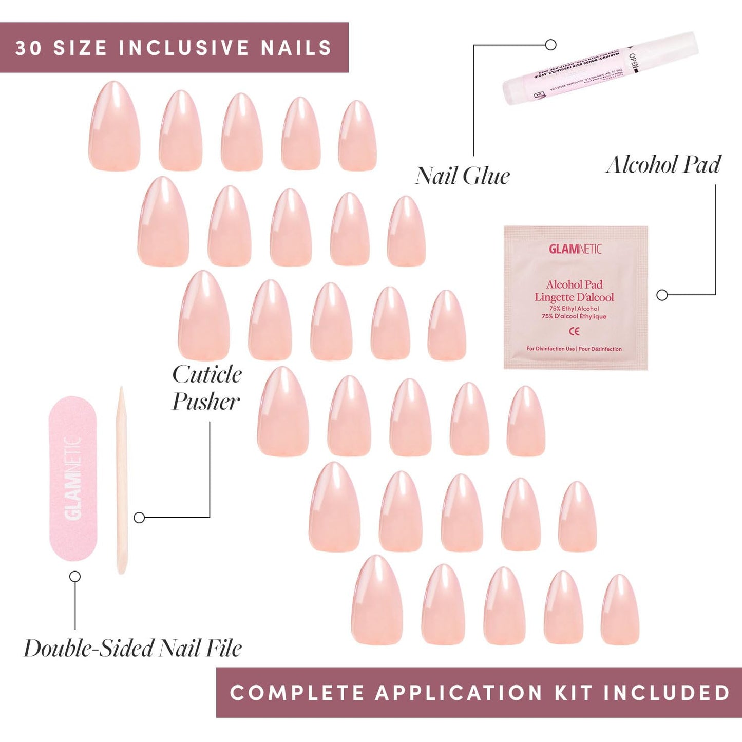 Glamnetic Press-On Nails & Adhesive Nail Tabs - Los Angeles | Blush Nude Pink Short Almond Nails in Glazed Finish | 15 Sizes - 30 Nail Kit with Adhesive Tabs