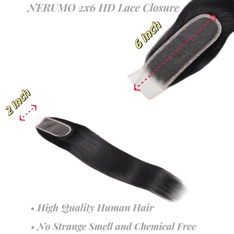 2x6 HD Lace Closure Straight Human Hair 18 Inch 2 by 6 HD Lace Closure 100% Brazilian Virgin Unprocessed Middle Part Human Hair Kim K Closure With Baby Hair Natural Color