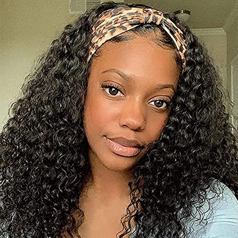Deep Wave Headband Wig Human Hair 16 Inches Glueless None Lace Front Wigs Machine Made 150% Density Natural Color Human Hair Wigs for Women