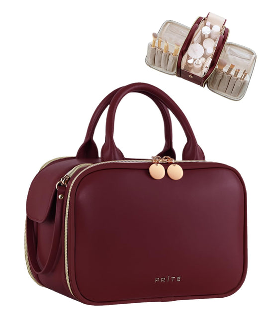 Prite Travel Makeup Bag Women’s Large Capacity Waterproof Cosmetic Organizer Portable Open Flat Toiletry Case with Free-standing Brush Holder and Handle(Burgundy Large)