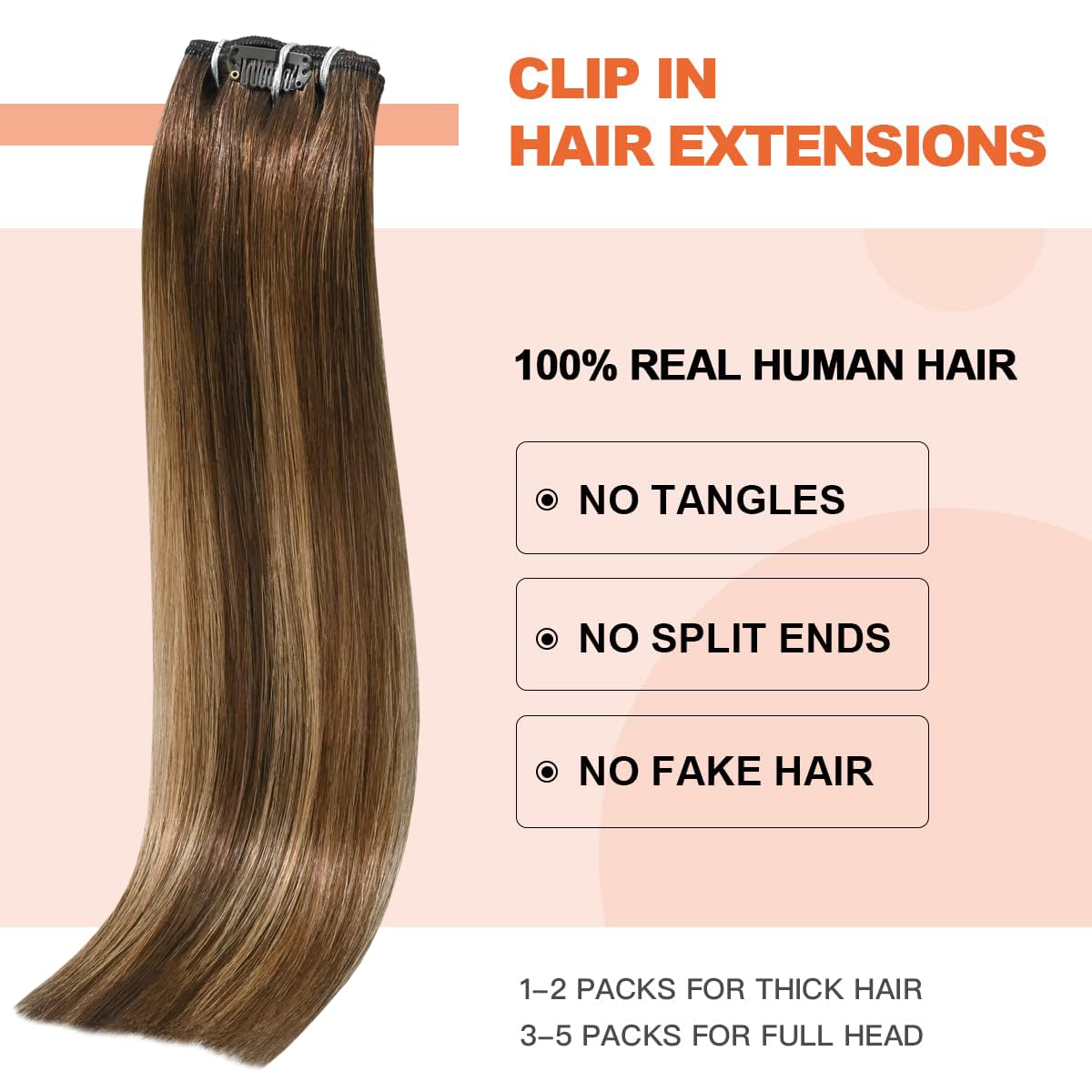 UGOTRAYS Balayage Hair Extensions Real Human Hair, Ombre Medium Brown Fading to Caramel Blonde 12 inches 70g Highlights 100% Human Hair Natural Straight Woman Beauty Clip ins #4/27/4